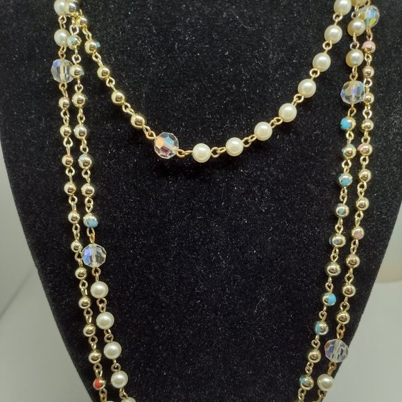 Pearls,  AB Beads, Gold Beads With Pink and Blue, Goldtone Connection Chain - Picture 6 of 6